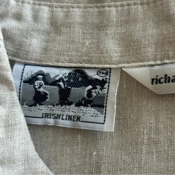 Vintage Richard Malcolm Embroidered Tan Beige Irish Linen Button Down Resortwear - Picture 6 of 8